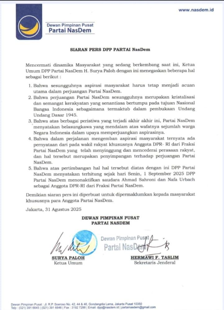 DPP NasDem Resmi Nonaktifkan Ahmad Sahroni dan Nafa Urbach